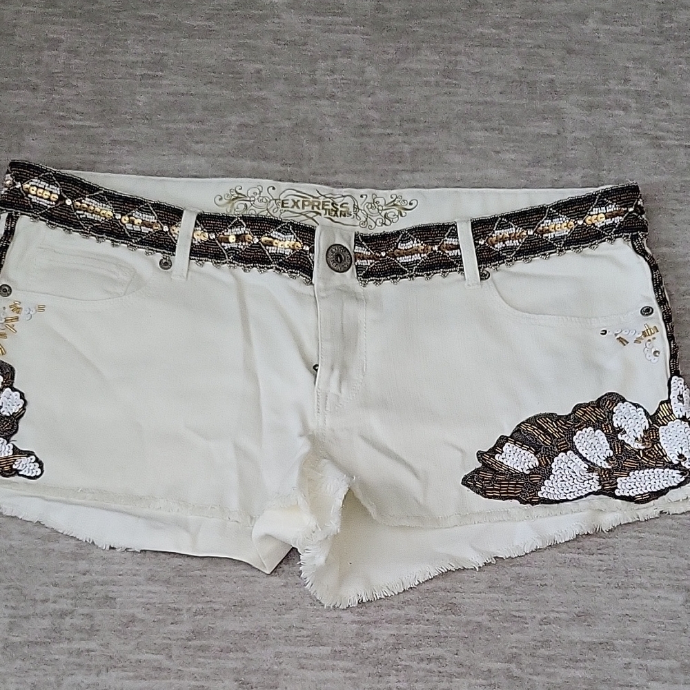 Express White and Brown Patterned Jean Shorts